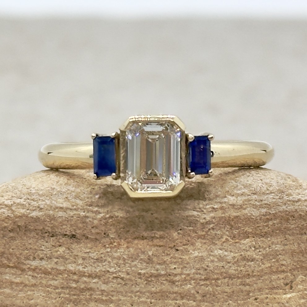 Custom Emerald Cut Lab Diamond and Sapphire Engagement Ring - Image 2