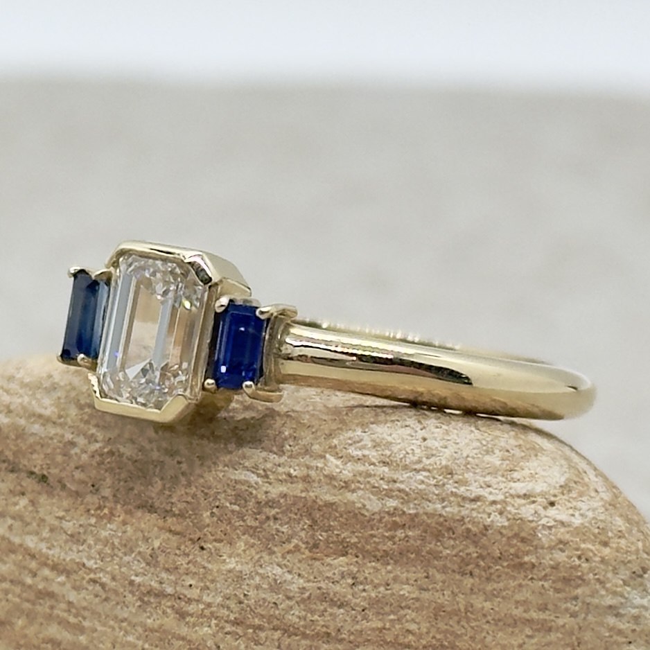 Custom Emerald Cut Lab Diamond and Sapphire Engagement Ring - Image 3