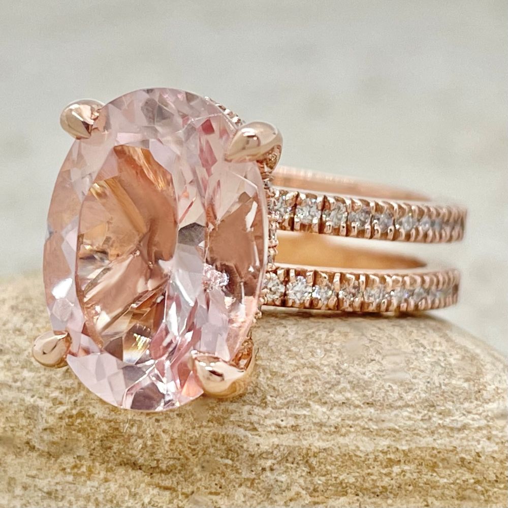 Oval Morganite Double Shank Lab Organic Diamond Ring Rose Gold LS7399