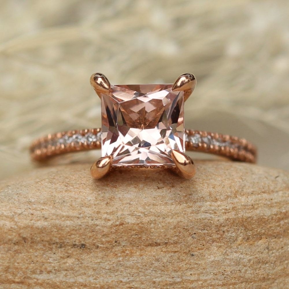 Princess Cut Morganite Diamond Halo Engagement Ring Rose Gold LS5080