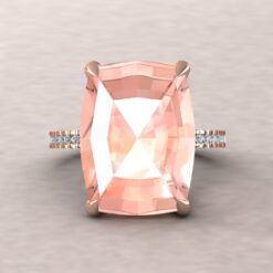 10 Carat Cushion Morganite Gem Ring, Hidden Diamond Halo, Fang Prongs