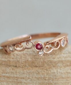 Round Cut Natural Ruby White Sapphire Stacking Ring Rose Gold LS7258