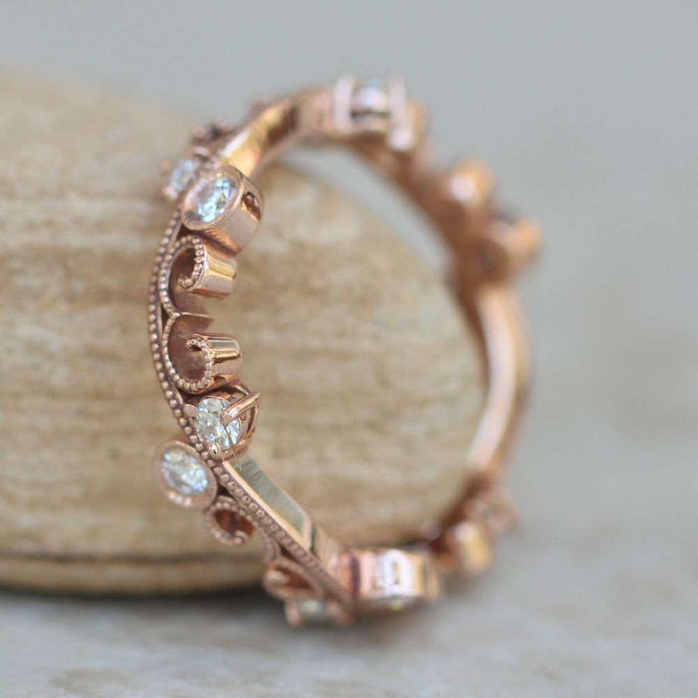 Tiny Round Diamond Whimsical Swirling Stacking Ring Rose Gold LS6285