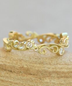 Vine Hearts Wedding Ring Bezel Diamond Swirl Design Yellow Gold LS6102