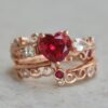 Whimsical Heart Ruby White Sapphire Wedding Ring Set Rose Gold LS6336
