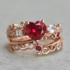 Heart Ruby Engagement Ring Set, Nature Inspired vines, scrolls, leaves