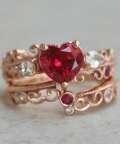 Whimsical Heart Ruby White Sapphire Wedding Ring Set Rose Gold LS6336