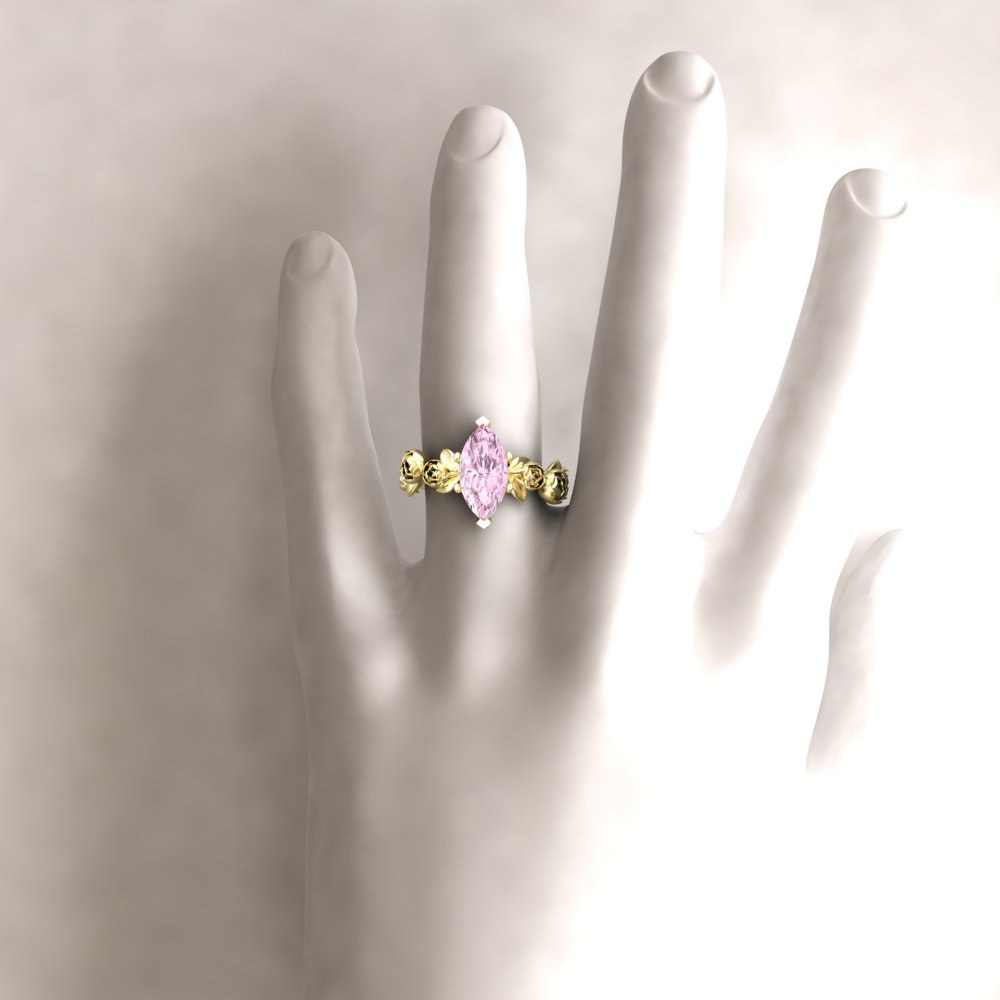 Custom Peony Flower Marquise Lab Diamond Engagement Ring - Image 6