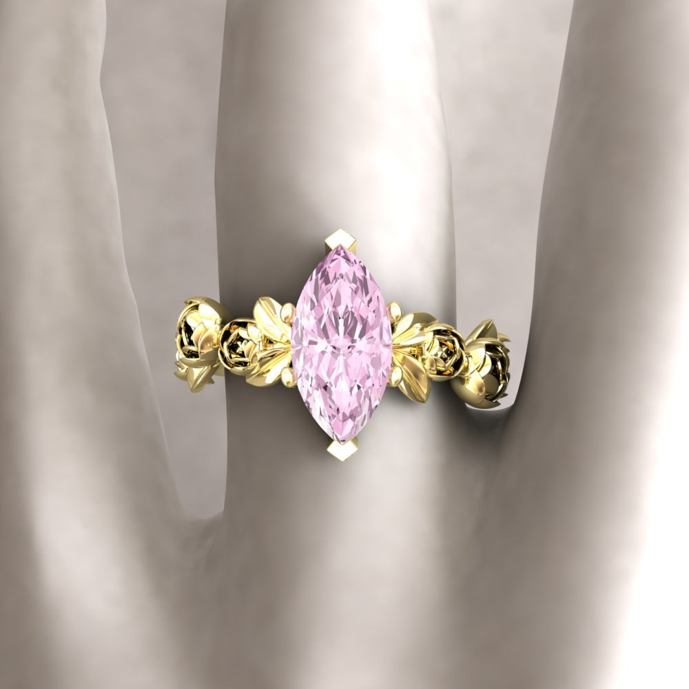 Custom Peony Flower Marquise Lab Diamond Engagement Ring - Image 7
