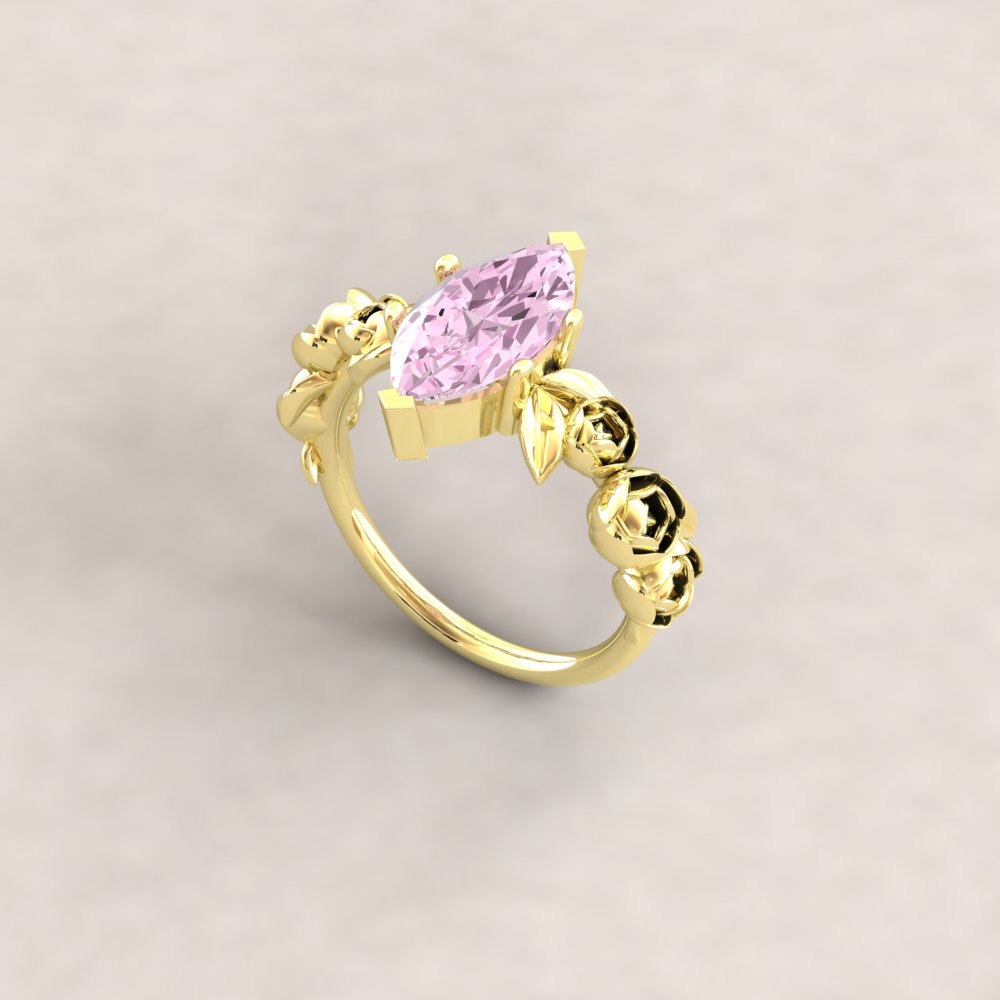 Custom Peony Flower Marquise Lab Diamond Engagement Ring - Image 8