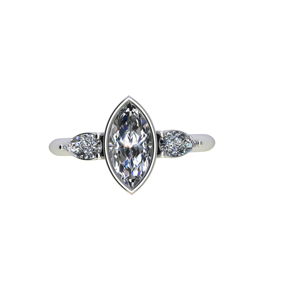 Custom Bezel Set Marquise Moissanite Three Stone Ring - Image 6