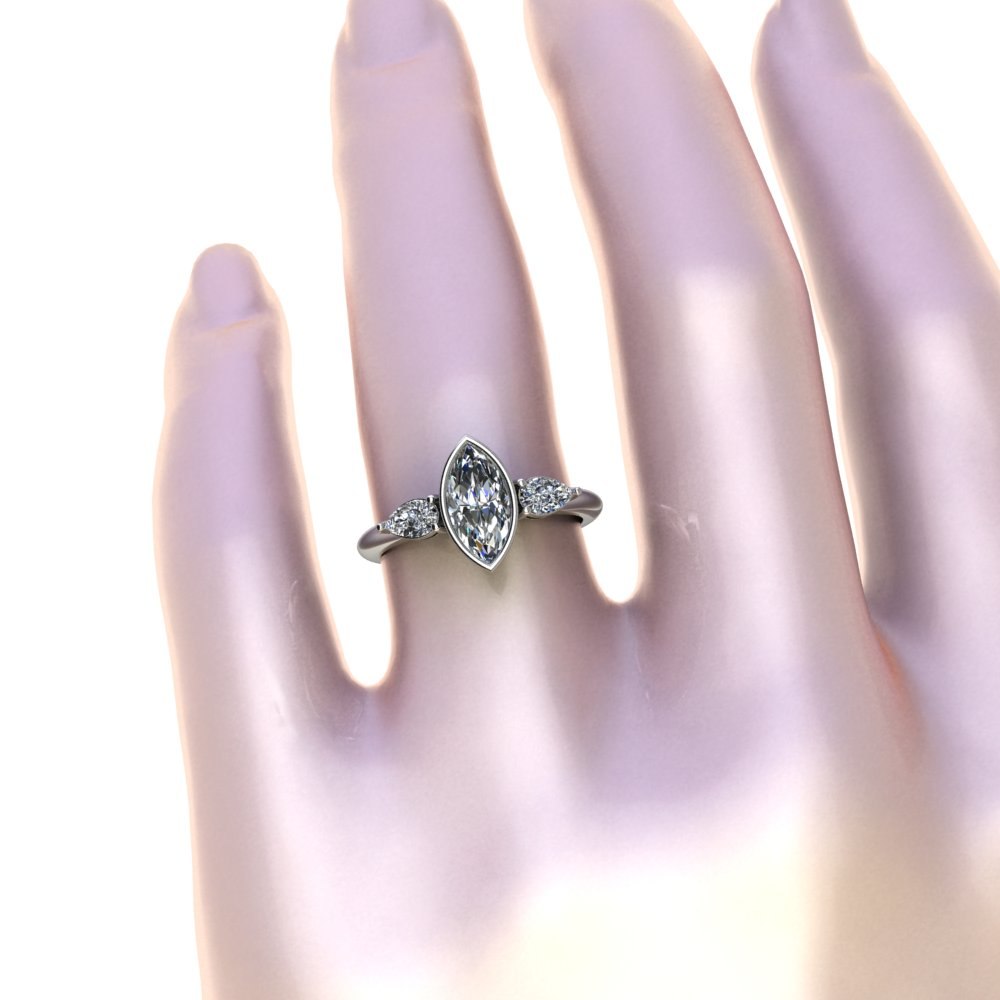 Custom Bezel Set Marquise Moissanite Three Stone Ring - Image 7