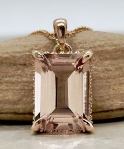 7 Carat Peachy Pink Morganite Diamond Halo Necklace Rose Gold LS5161