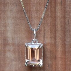 Emerald Cut Morganite Diamond Halo Pendant White Gold Platinum LS5161
