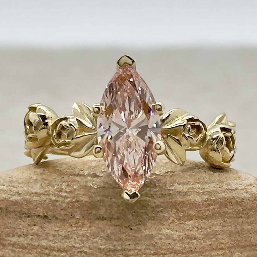 Custom Peony Flower Marquise Lab Diamond Engagement Ring - Image 2