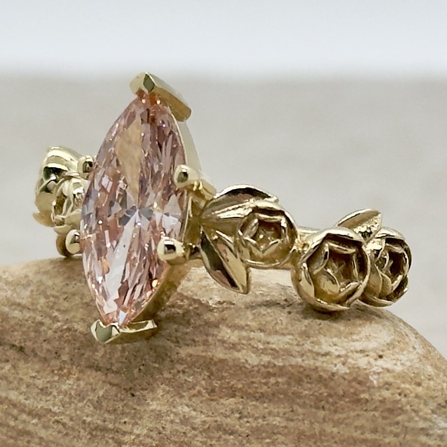 Custom Peony Flower Marquise Lab Diamond Engagement Ring - Image 3