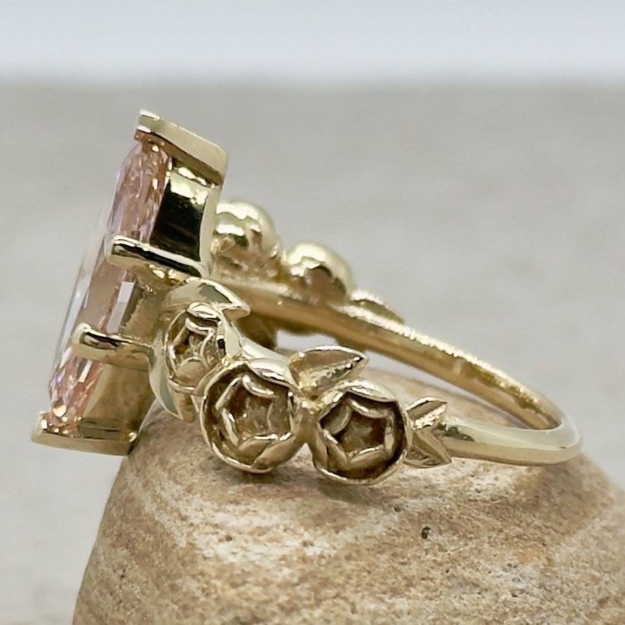 Custom Peony Flower Marquise Lab Diamond Engagement Ring - Image 4