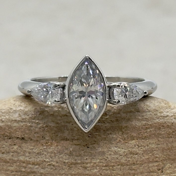 Custom Bezel Set Marquise Moissanite Three Stone Ring - Image 2
