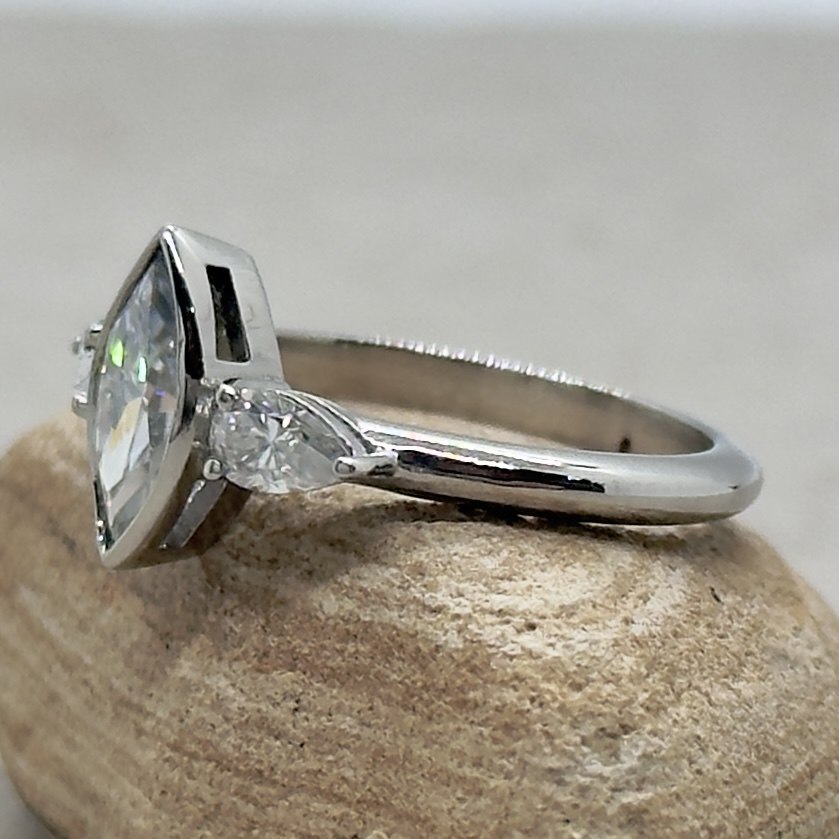 Custom Bezel Set Marquise Moissanite Three Stone Ring - Image 3