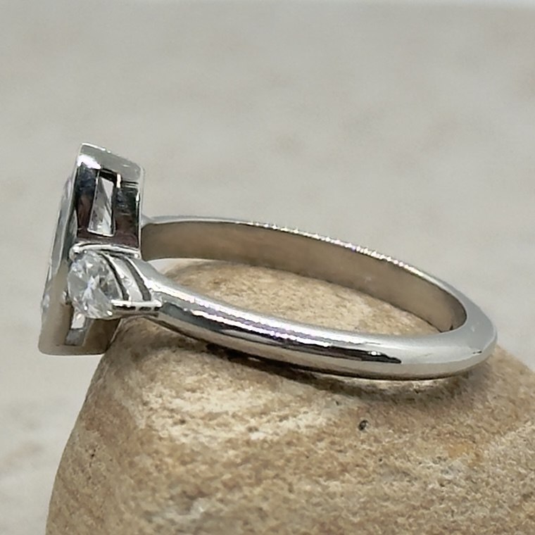 Custom Bezel Set Marquise Moissanite Three Stone Ring - Image 4