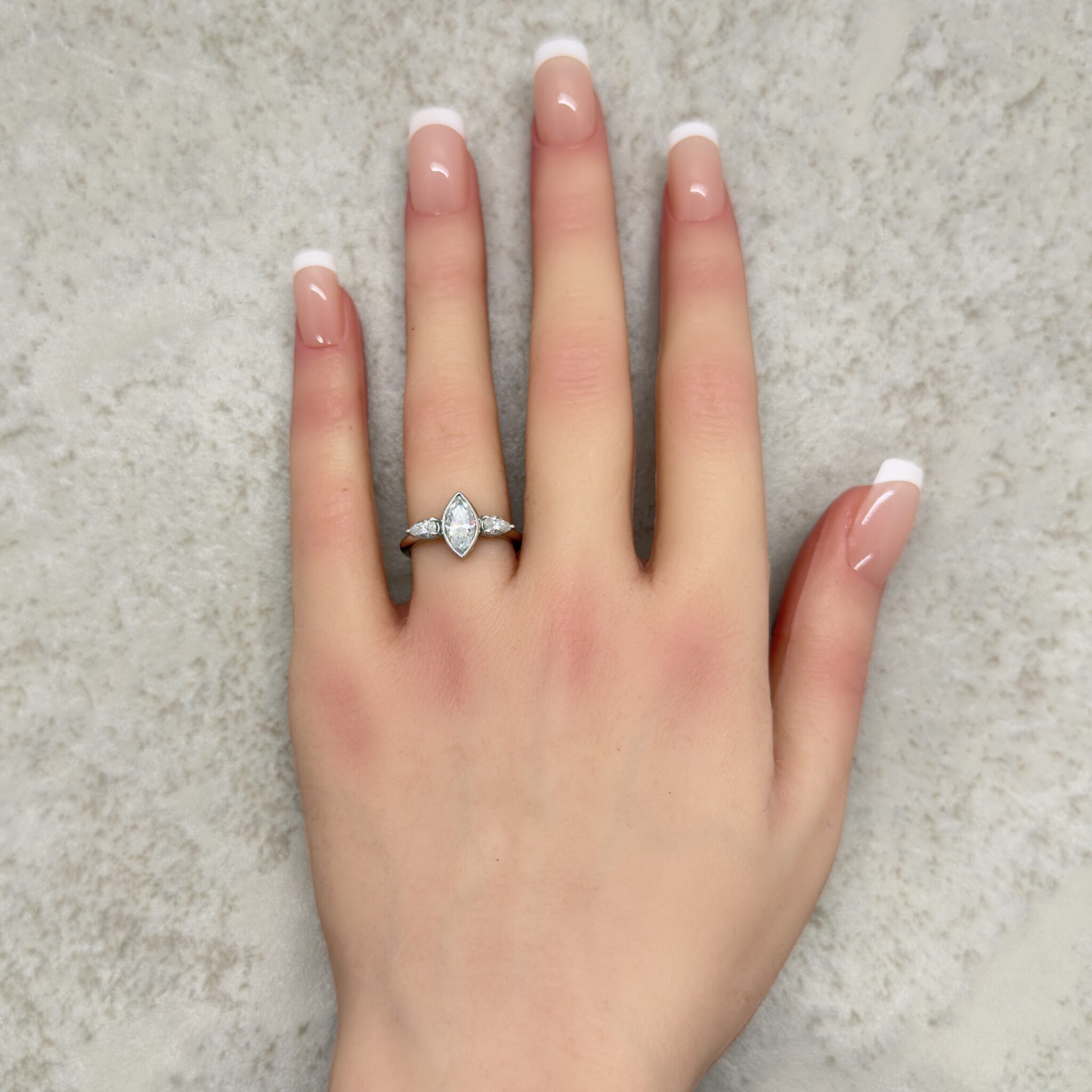 Custom Bezel Set Marquise Moissanite Three Stone Ring - Image 5