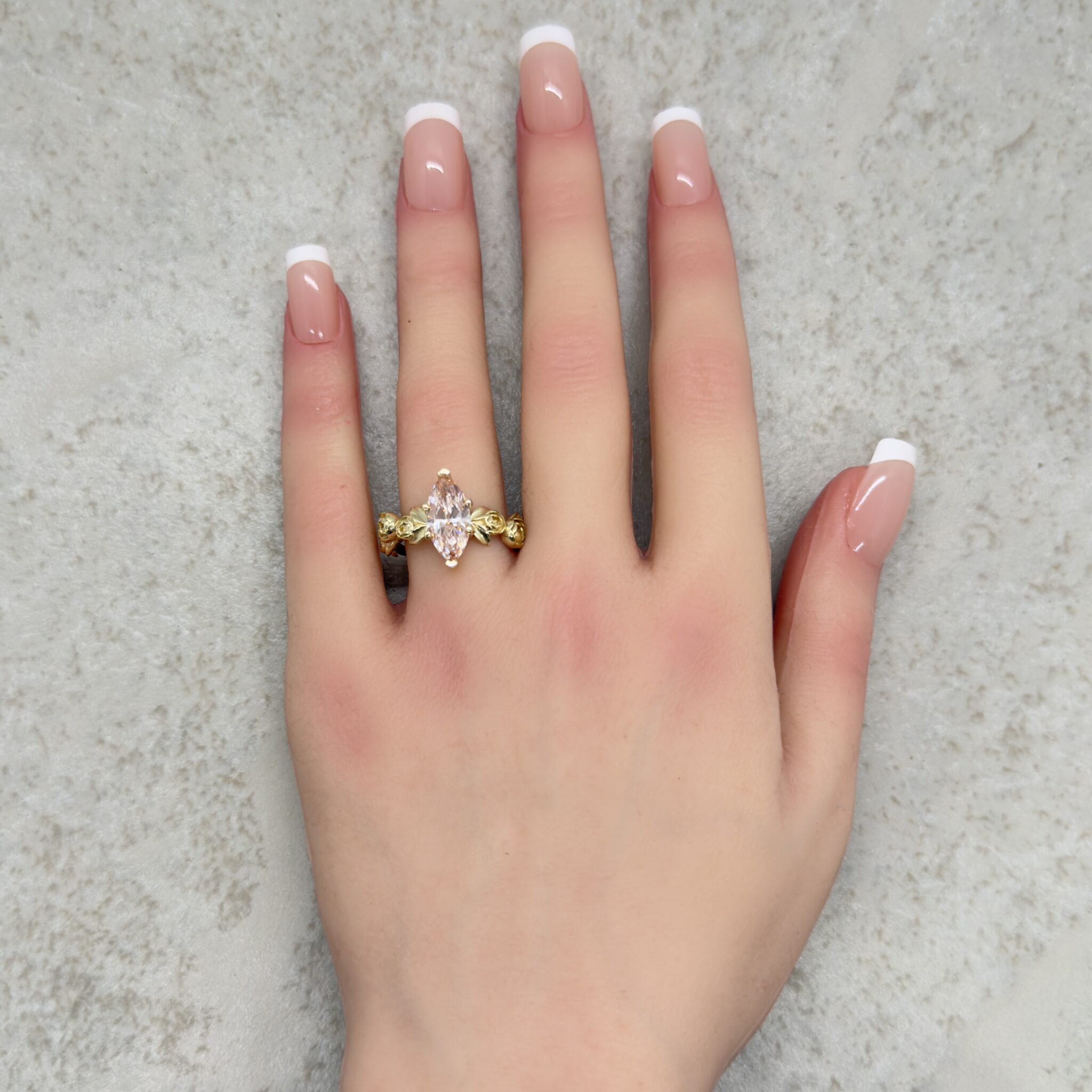 Custom Peony Flower Marquise Lab Diamond Engagement Ring - Image 5