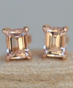 Peachy Pink Morganite Gemstone Diamond Stud Earrings Rose Gold LS5160