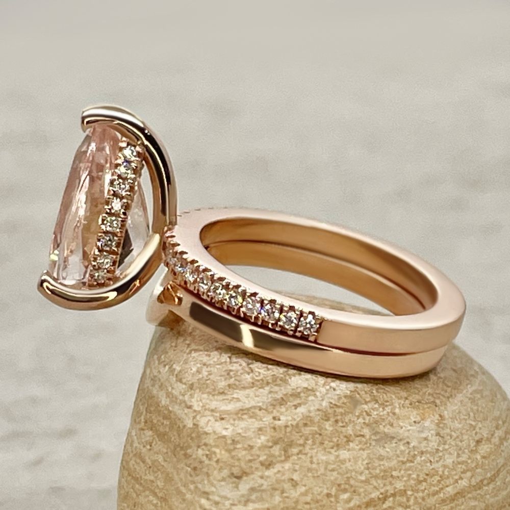 AAA Peach Pink Morganite Diamond Halo Ring Bridal Set Rose Gold LS7406