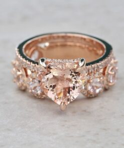 Heart Cut AAA Morganite Diamond Hidden Halo Ring Set Rose Gold LS7410
