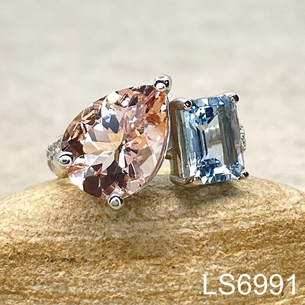 Laurie Sarah Custom Design Asymetrical Cocktail Ring with Pear Cut Morganite and Emerald Cut Aquamarine - LS6991