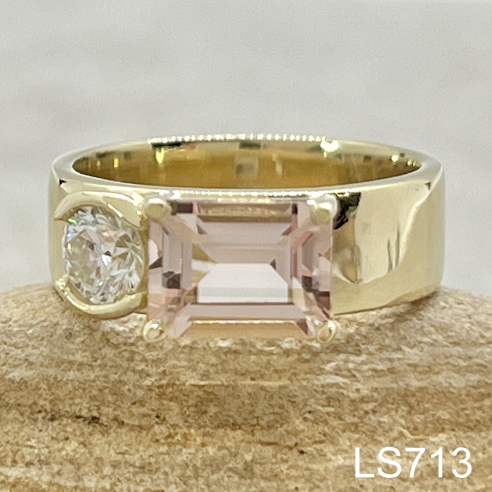 Laurie Sarah Custom Design Asymetrical Wide Shank Ring with Morganite and Diamond - LS7136