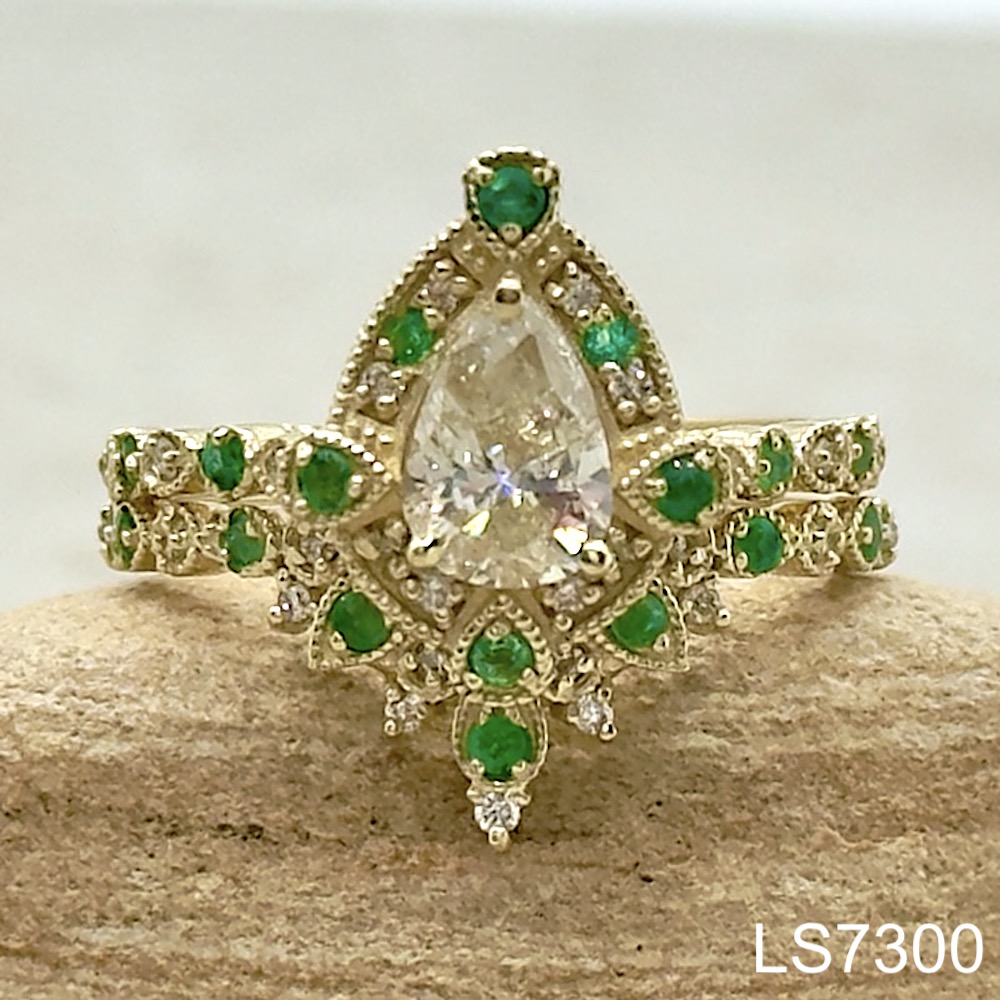 Laurie Sarah Custom Design Diamond Halo Ring with Emeralds and Matching Contour Band - LS7300