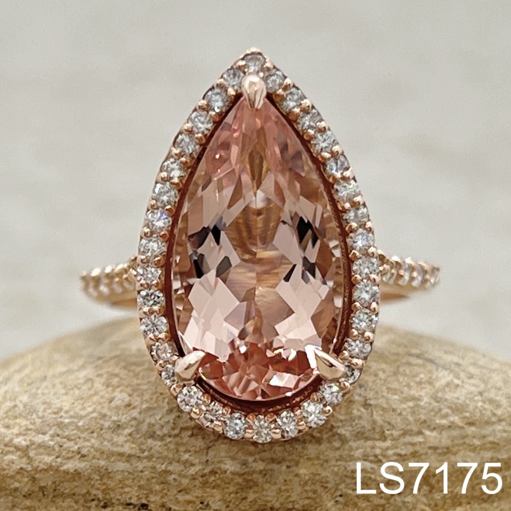 Laurie Sarah Custom Design Elongated Pear Cut Morganite with Diamond Single Halo - LS7175