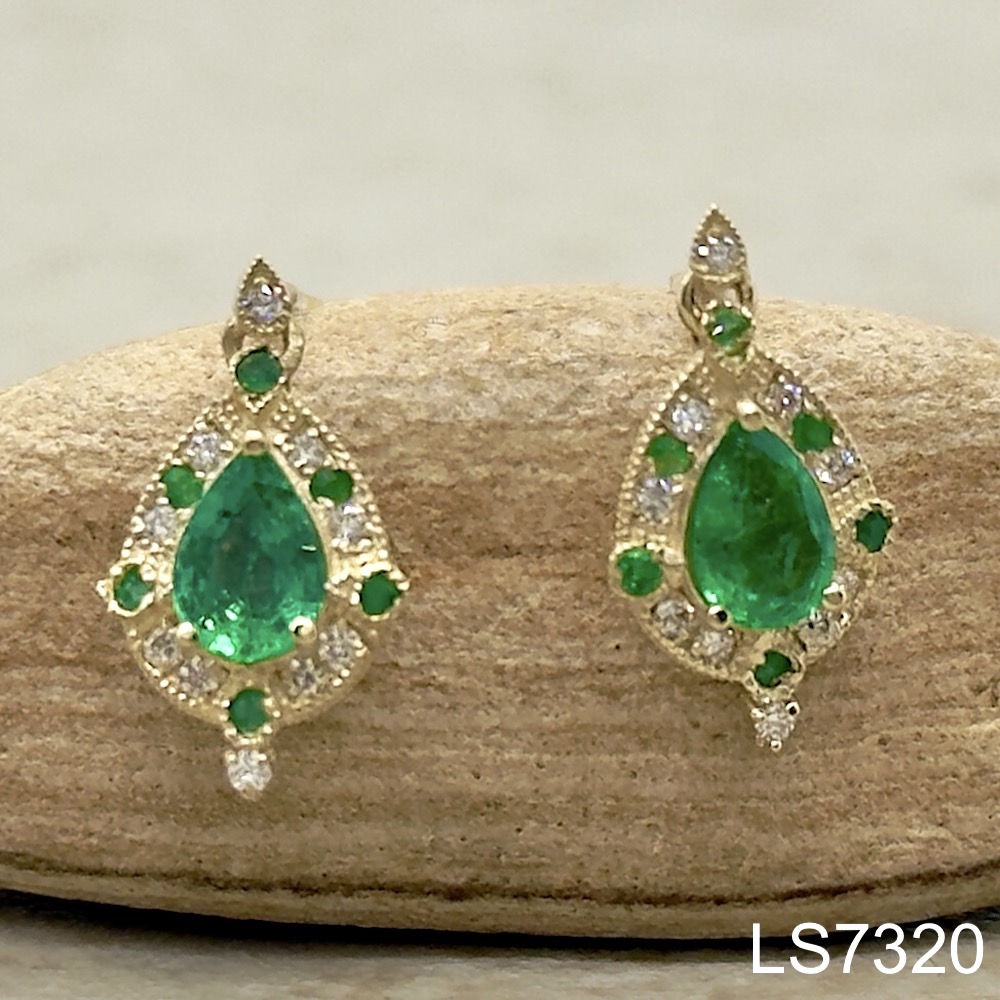 Laurie Sarah Custom Design Emerald Drop Earrings with Diamond Halo - LS7320