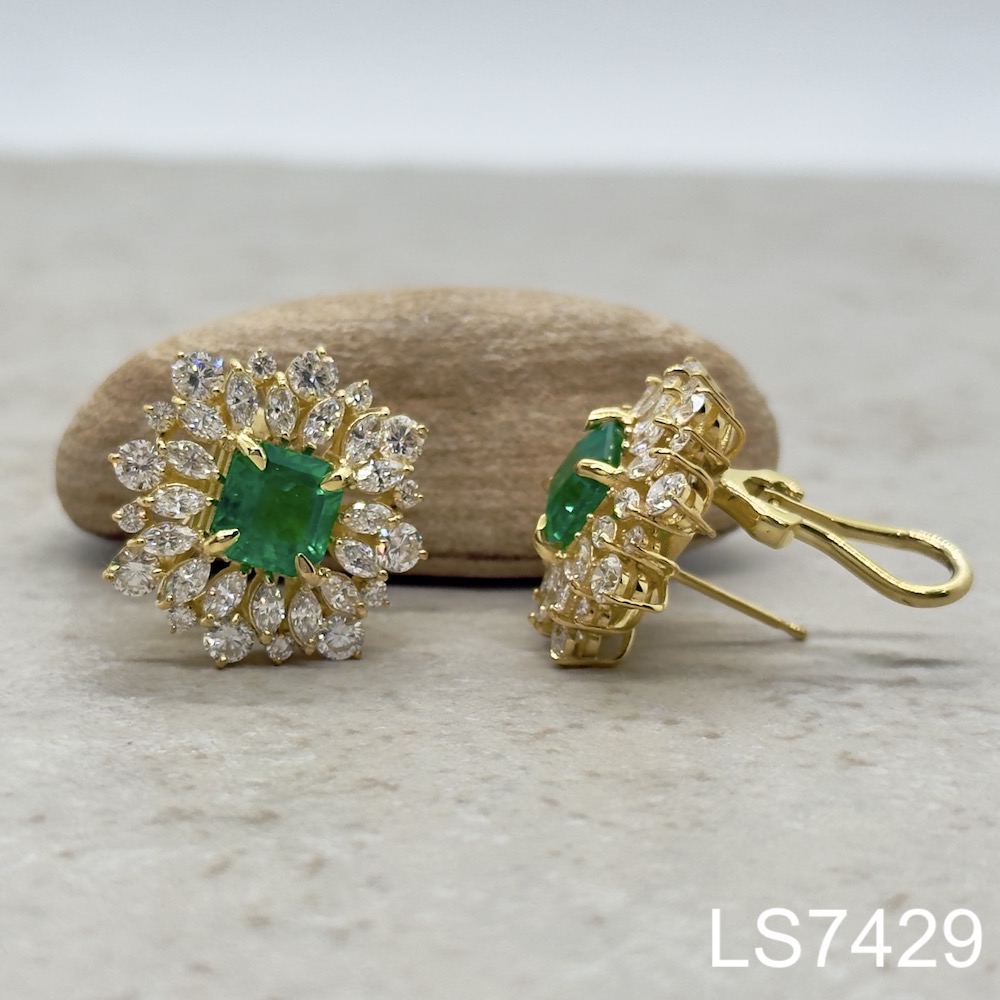 Laurie Sarah Custom Design Emerald Flower Earrings with Diamond Marquise Halos - LS7429