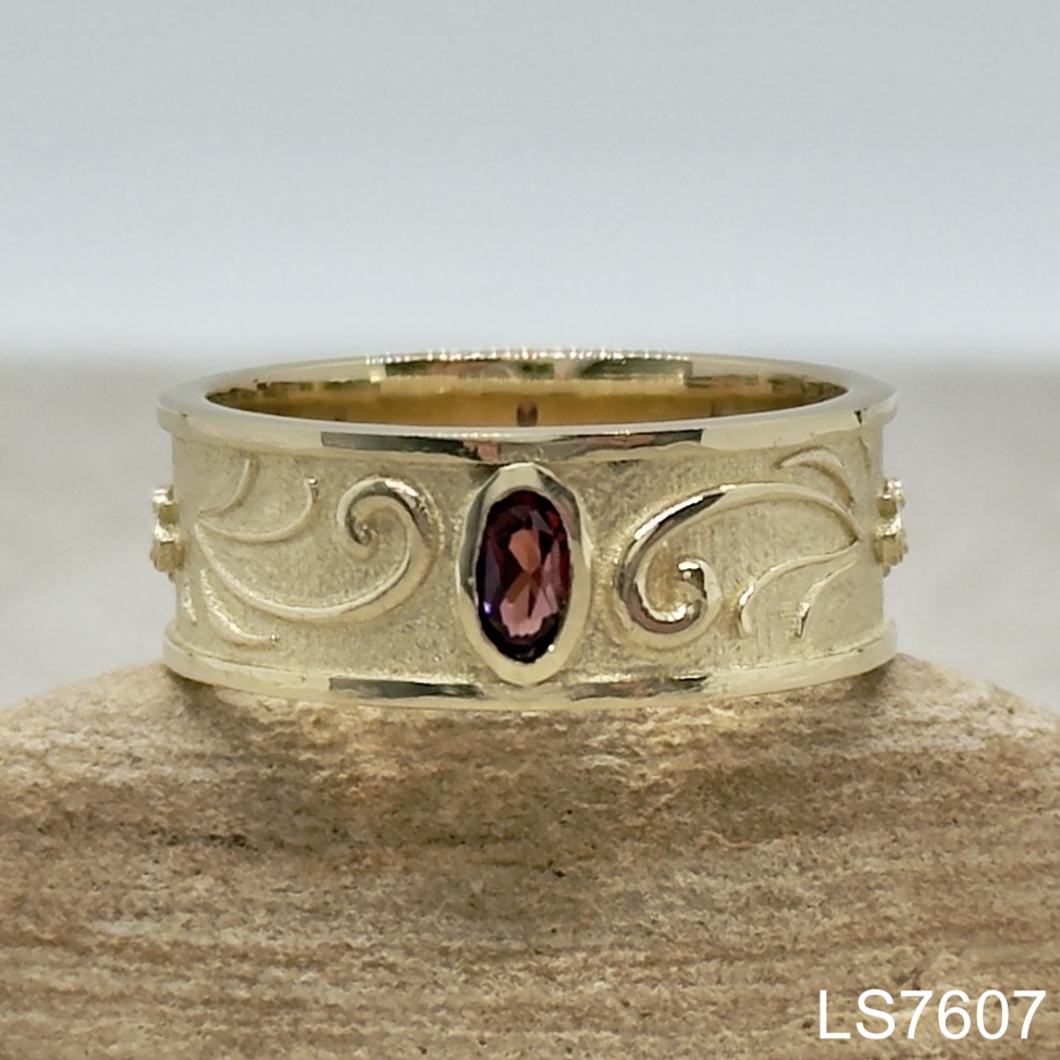 Laurie Sarah Custom Design Engraved Man's Band with Garnet - LS7607