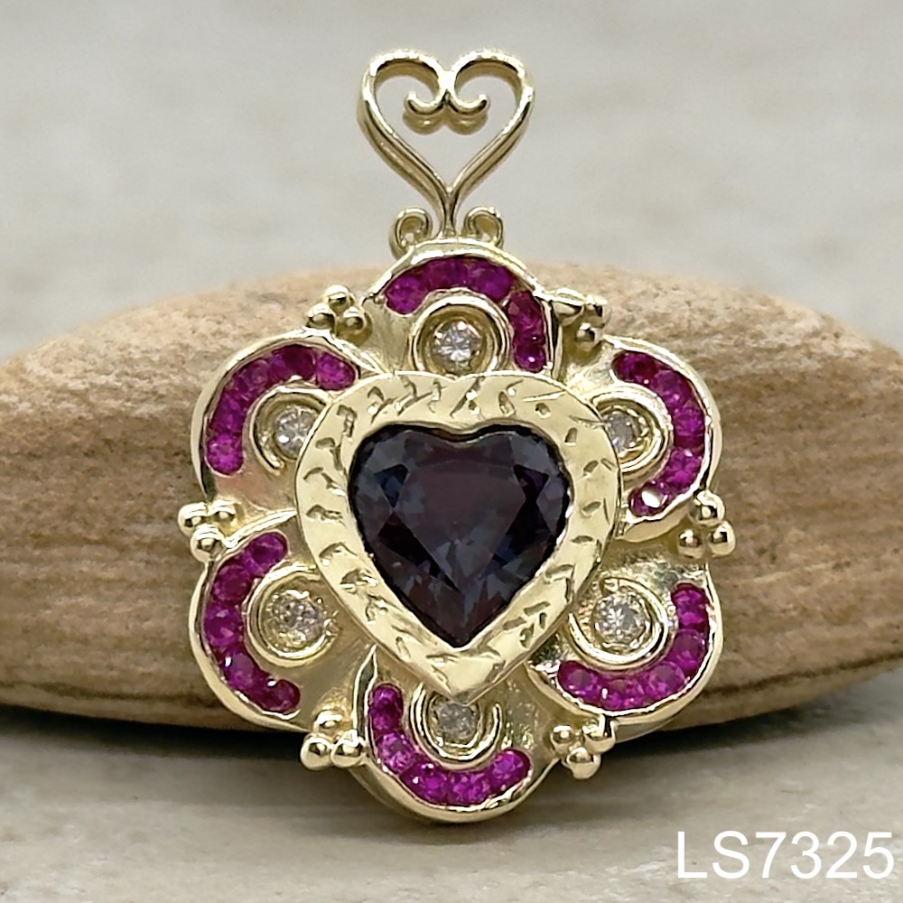 Laurie Sarah Custom Design Flower and Heart Pendant with Lab Alexandrite and Rubies - LS7325