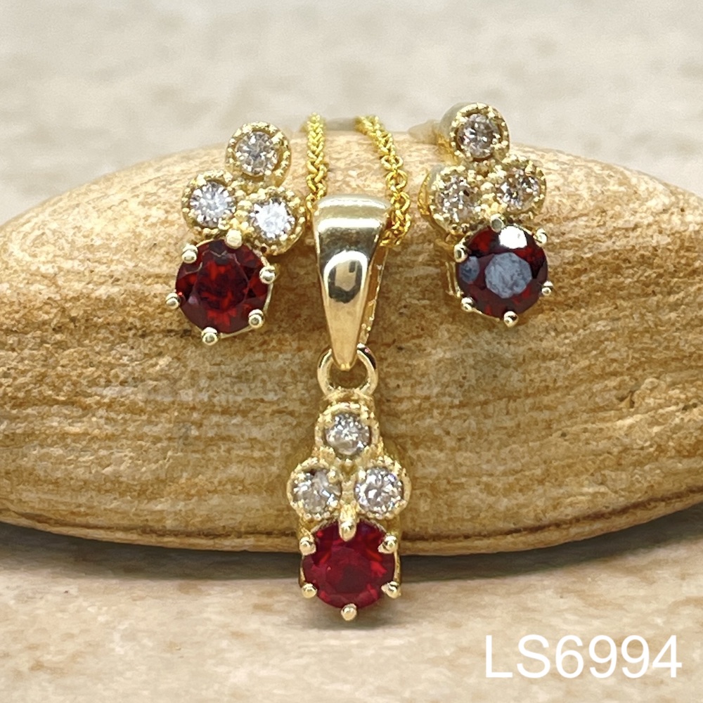 Laurie Sarah Custom Design Garnet Earrings and Necklace Set with Diamond Clusters - LS6994