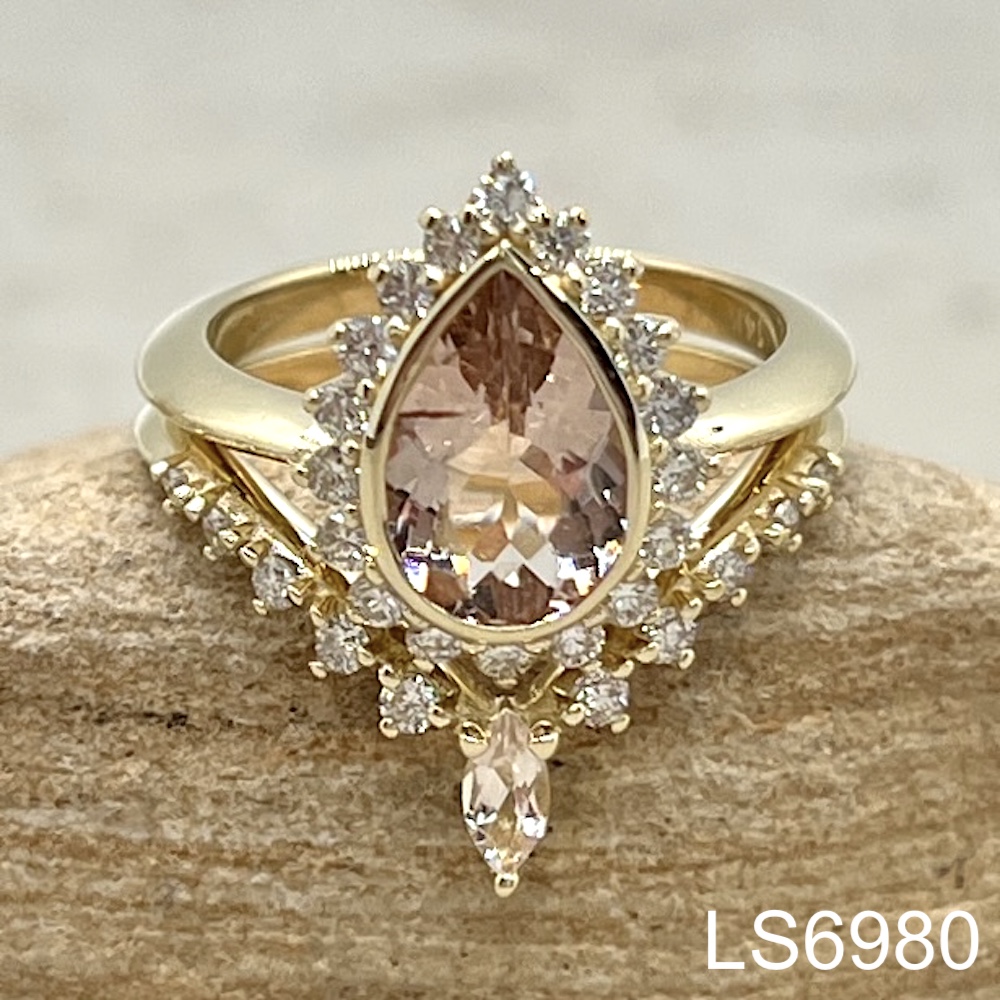 Laurie Sarah Custom Design Morganite Halo Ring with Chevron Diamond Wedding Band - LS6980