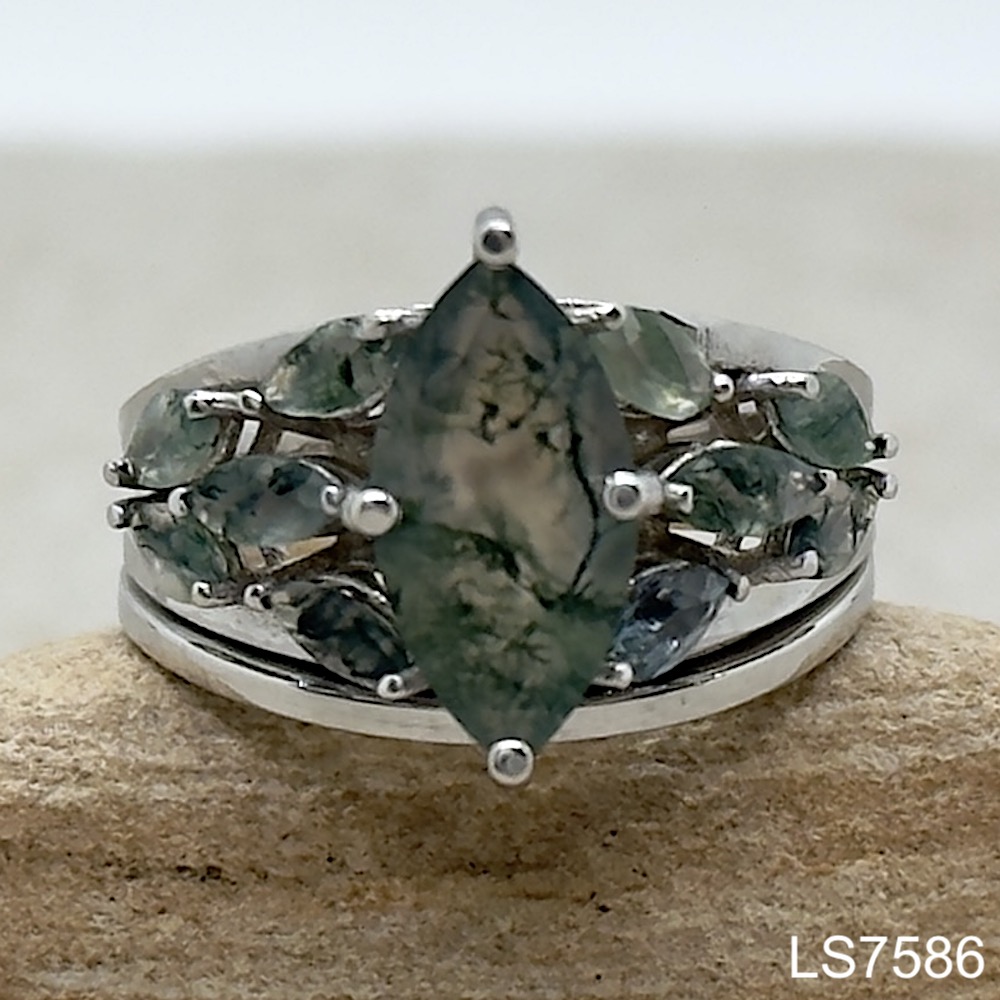 Laurie Sarah Custom Design Moss Agate Engagement Ring Marquise Cut - LS7586