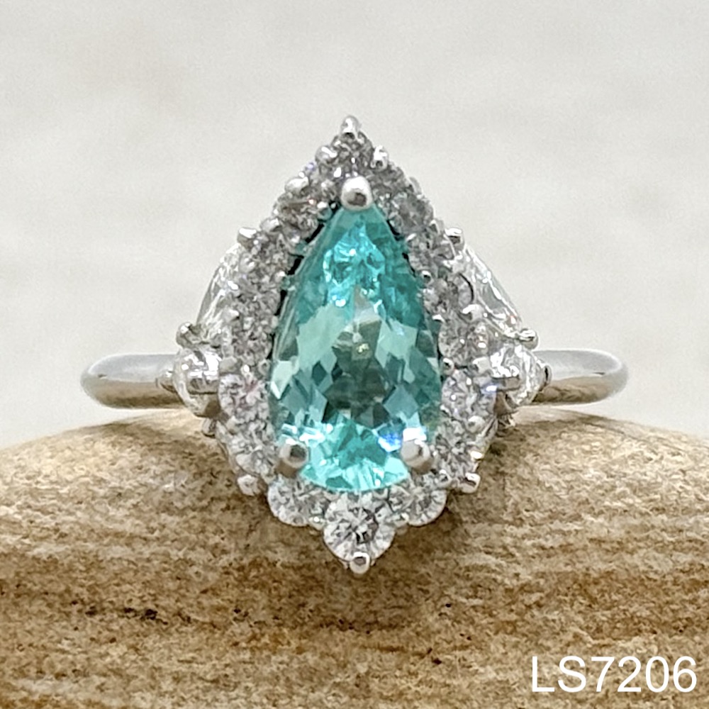 Laurie Sarah Custom Design Paraiba Pear Tourmaline Ring with Diamond Halo Pear Cut - LS7206
