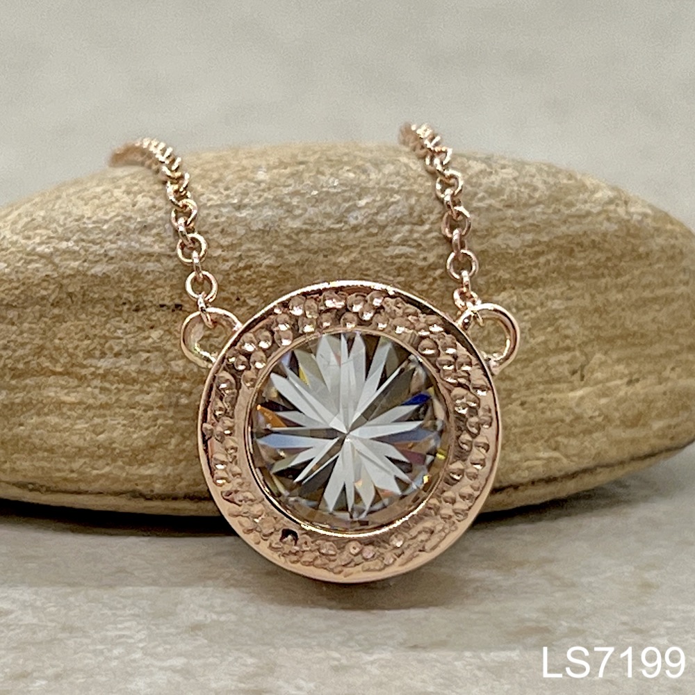 Laurie Sarah Custom Design Round Moissanite Necklace with Hammered Rose Gold Halo - LS7199