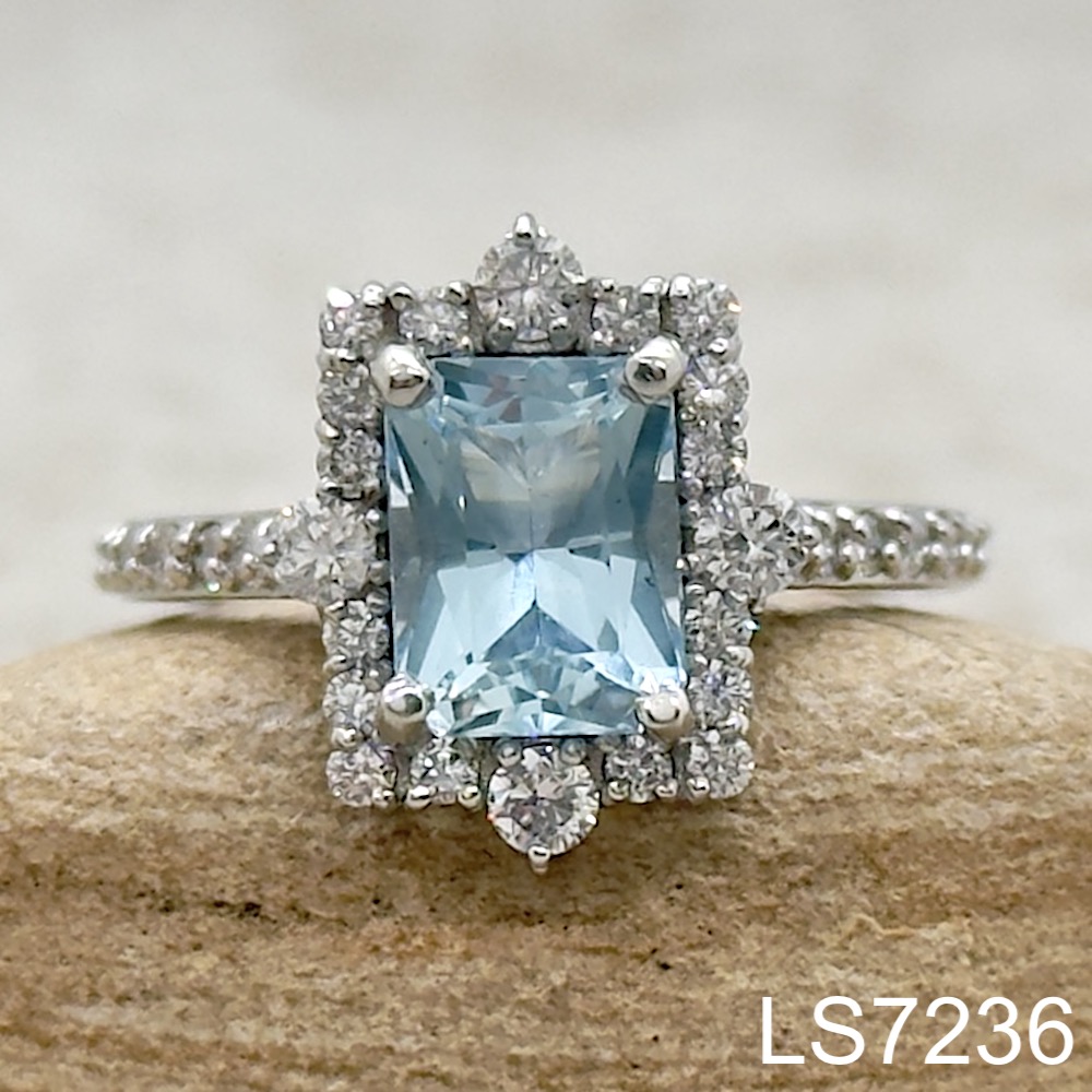 Laurie Sarah Custom Design Vintage Style Aquamarine Engagement Ring Radiant Cut with Diamond Single Halo - LS7236