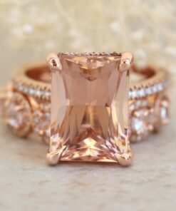 Radiant Cut Peach Morganite Diamond Bridal Ring Set Rose Gold LS7413