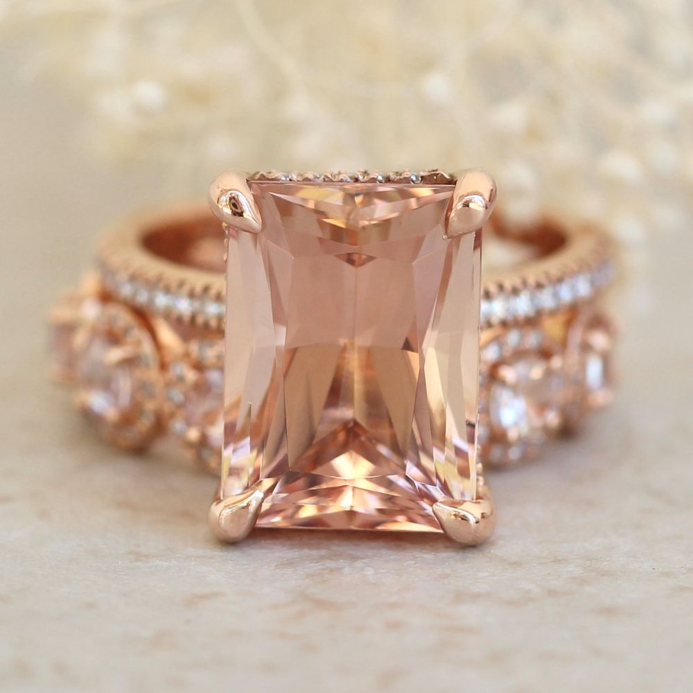 Radiant Cut Peach Morganite Diamond Bridal Ring Set Rose Gold LS7413