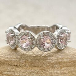 8 Halo Pink Morganite Diamond Pave Set Band White Gold Platinum LS7147