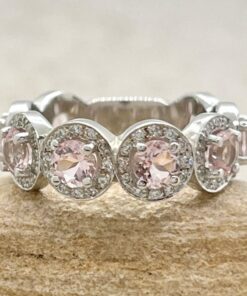 8 Halo Pink Morganite Diamond Pave Set Band White Gold Platinum LS7147