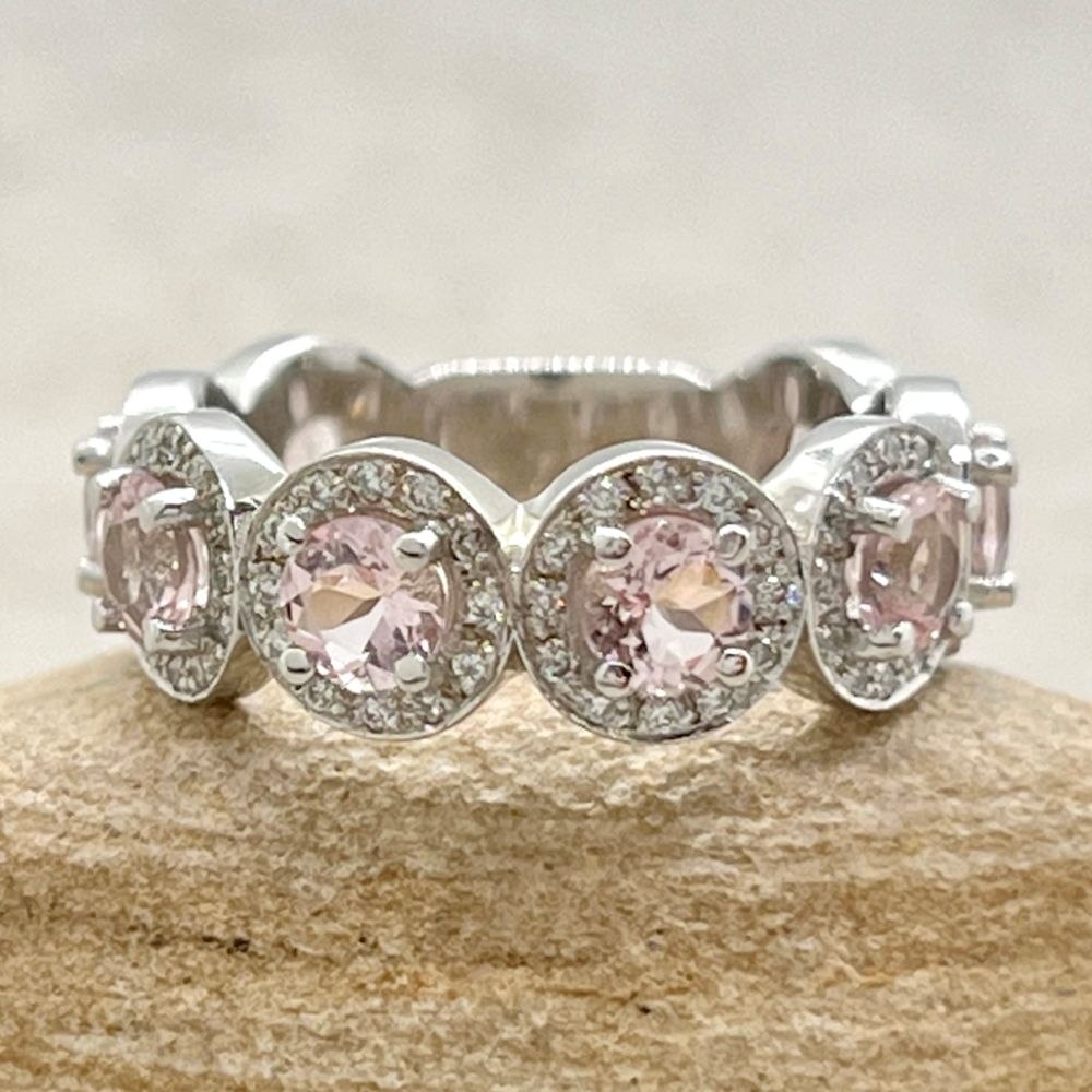 8 Halo Pink Morganite Diamond Pave Set Band White Gold Platinum LS7147