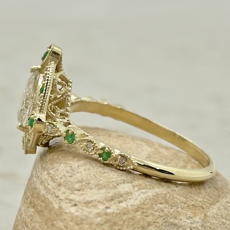 Certified Pear Cut Diamond Emerald Engagement Ring Yellow Gold LS7368