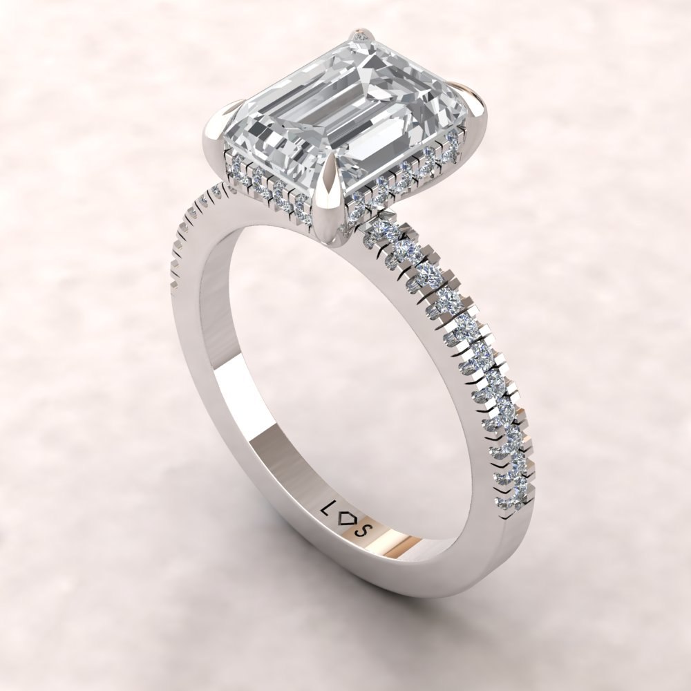 Emerald Cut Diamond Ring Hidden Side Halo White Gold Platinum LS5480